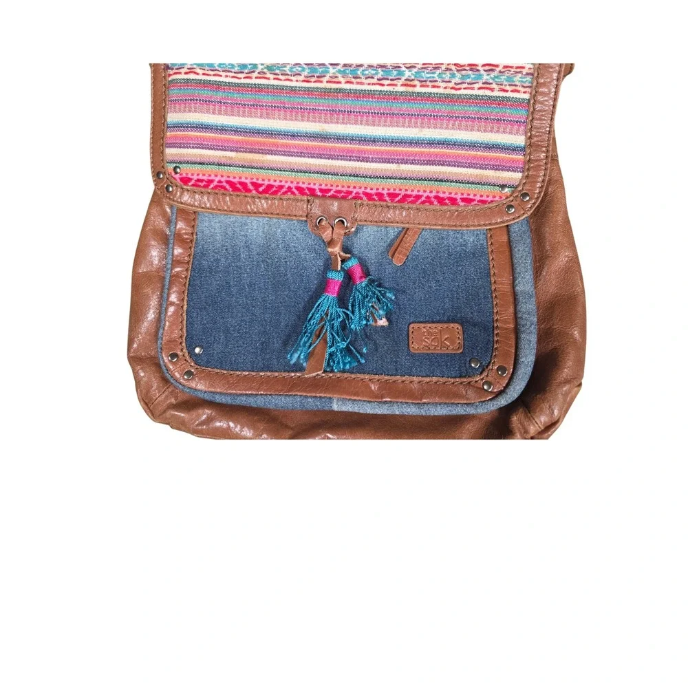 The Sak Ventura Convertible Backpack Crossbody Bag Brown Leather Denim Woven